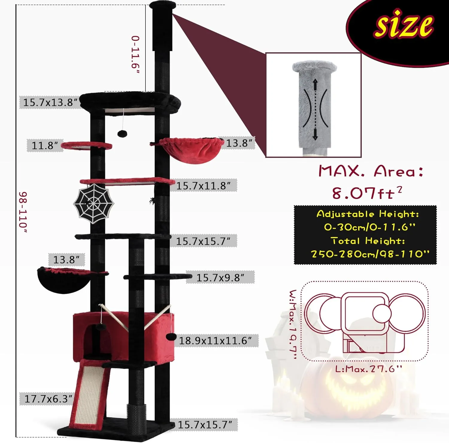 Hey-brother Gothic Cat Tree, 98.4-110.2 Inches Floor to Ceiling Cat Tree-Adjustable Height, Tall Cat Climbing Tower for Cats Large Adult with Scratching Post, Cat cando, Black and Red 0MPJ091BR