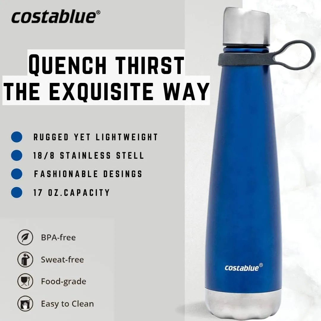 Insulated Water Bottle - On-The-Go Refillable Stainless Steel Water Bottles For Adults, Reusable Thermos Travel Tumbler With Leak-proof Lid For Hot & Cold Beverages (17Oz. Blue)