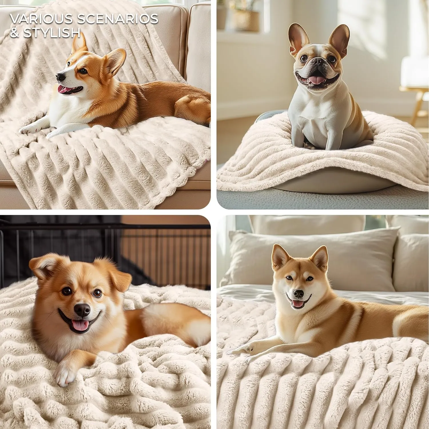 LINENLUX 1 Pack 3 Soft Fleece Dog Blanket for Pet Washable Warm Cat Puppy Fluffy Calming Flannel Beige Small