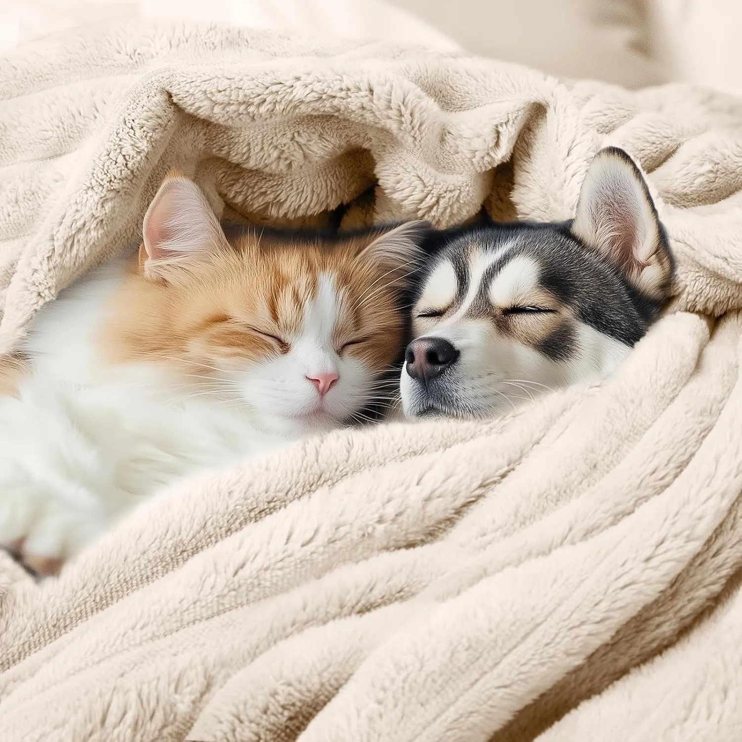 LINENLUX 1 Pack 3 Soft Fleece Dog Blanket for Pet Washable Warm Cat Puppy Fluffy Calming Flannel Beige Small