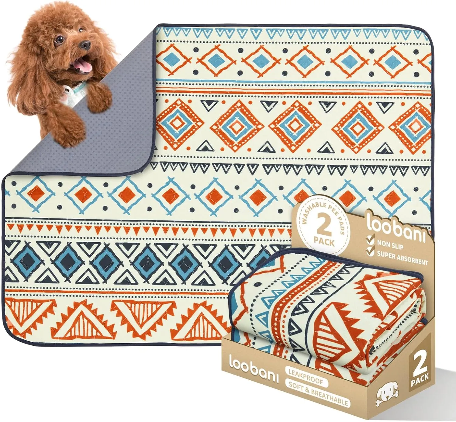 LOOBANI Washable Pee Pads for Dogs: 2 Pack Reusable Puppy Pads Waterproof 18"x24", Super Absorbent Whelping Pad, Leak-Proof & Non-Slip Dog Training Pads for Floor, Playpen, Crate, Couch, Bed (Beige)