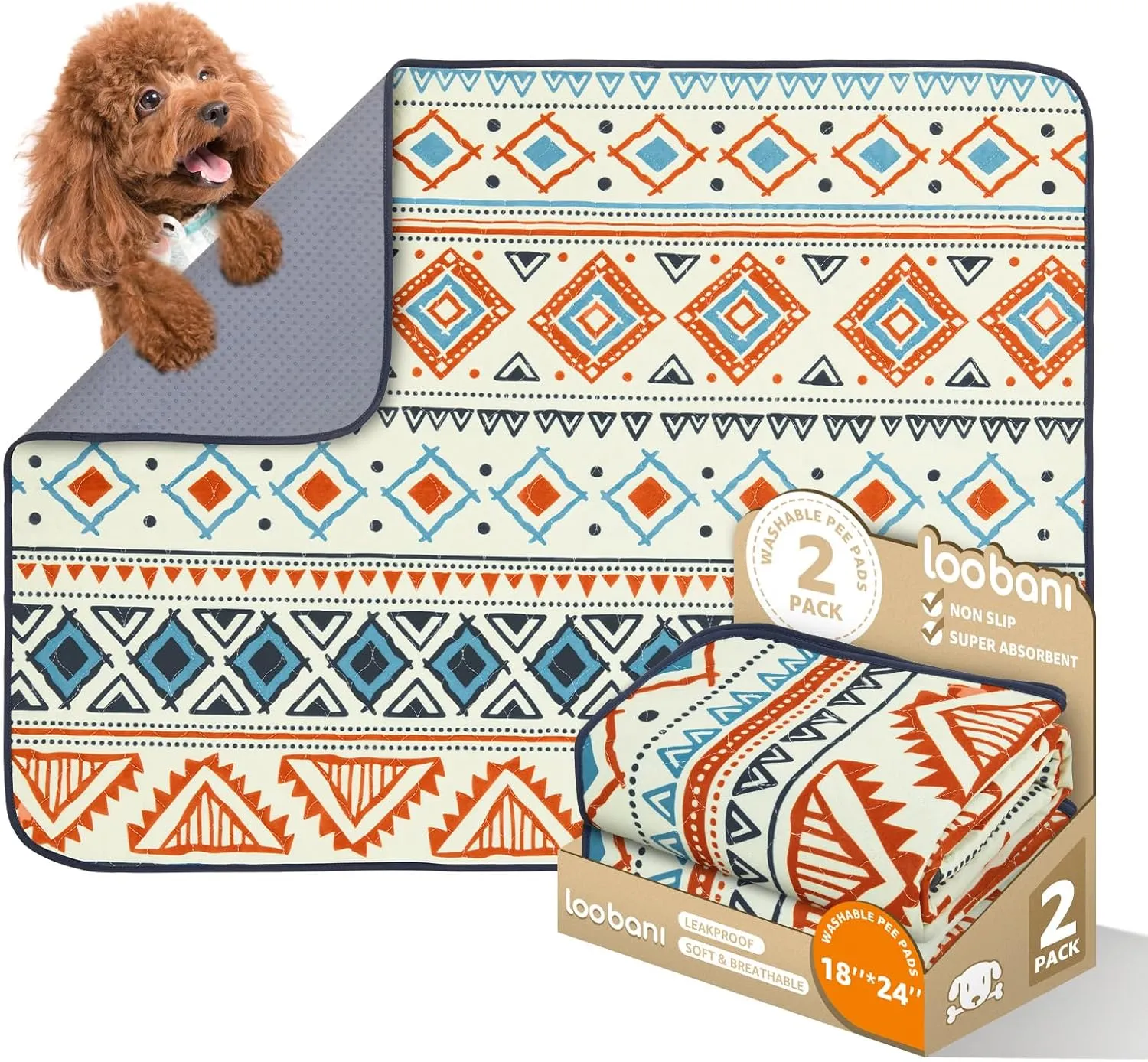 LOOBANI Washable Pee Pads for Dogs: 2 Pack Reusable Puppy Pads Waterproof 18"x24", Super Absorbent Whelping Pad, Leak-Proof & Non-Slip Dog Training Pads for Floor, Playpen, Crate, Couch, Bed (Beige)