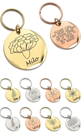 MignonandMignon Customized Dogs ID Tags Pet Collar Charm Birth Flower and Name Accessories Father's Day Gift Personalized Engraved Products for Extra Small Cat AntiLost -AID-C-F