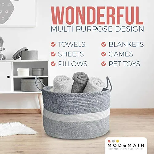 Mod and Main XXXL Blanket Basket - Large Woven Basket - Extra Large Storage Baskets Woven - Large Blanket Basket Living Room - Big Cotton Rope Basket - Toy Basket - 22" x 22" x 14"