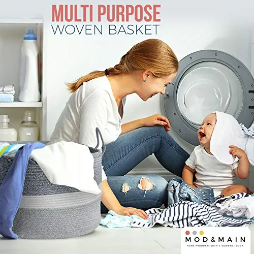 Mod and Main XXXL Blanket Basket - Large Woven Basket - Extra Large Storage Baskets Woven - Large Blanket Basket Living Room - Big Cotton Rope Basket - Toy Basket - 22" x 22" x 14"