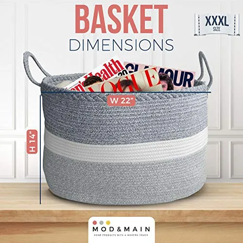 Mod and Main XXXL Blanket Basket - Large Woven Basket - Extra Large Storage Baskets Woven - Large Blanket Basket Living Room - Big Cotton Rope Basket - Toy Basket - 22" x 22" x 14"