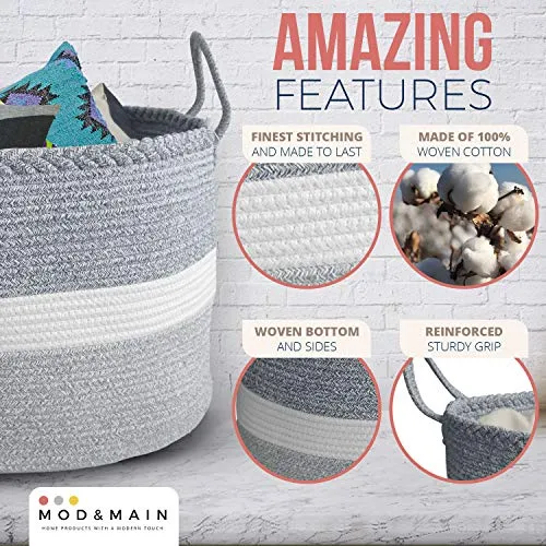 Mod and Main XXXL Blanket Basket - Large Woven Basket - Extra Large Storage Baskets Woven - Large Blanket Basket Living Room - Big Cotton Rope Basket - Toy Basket - 22" x 22" x 14"