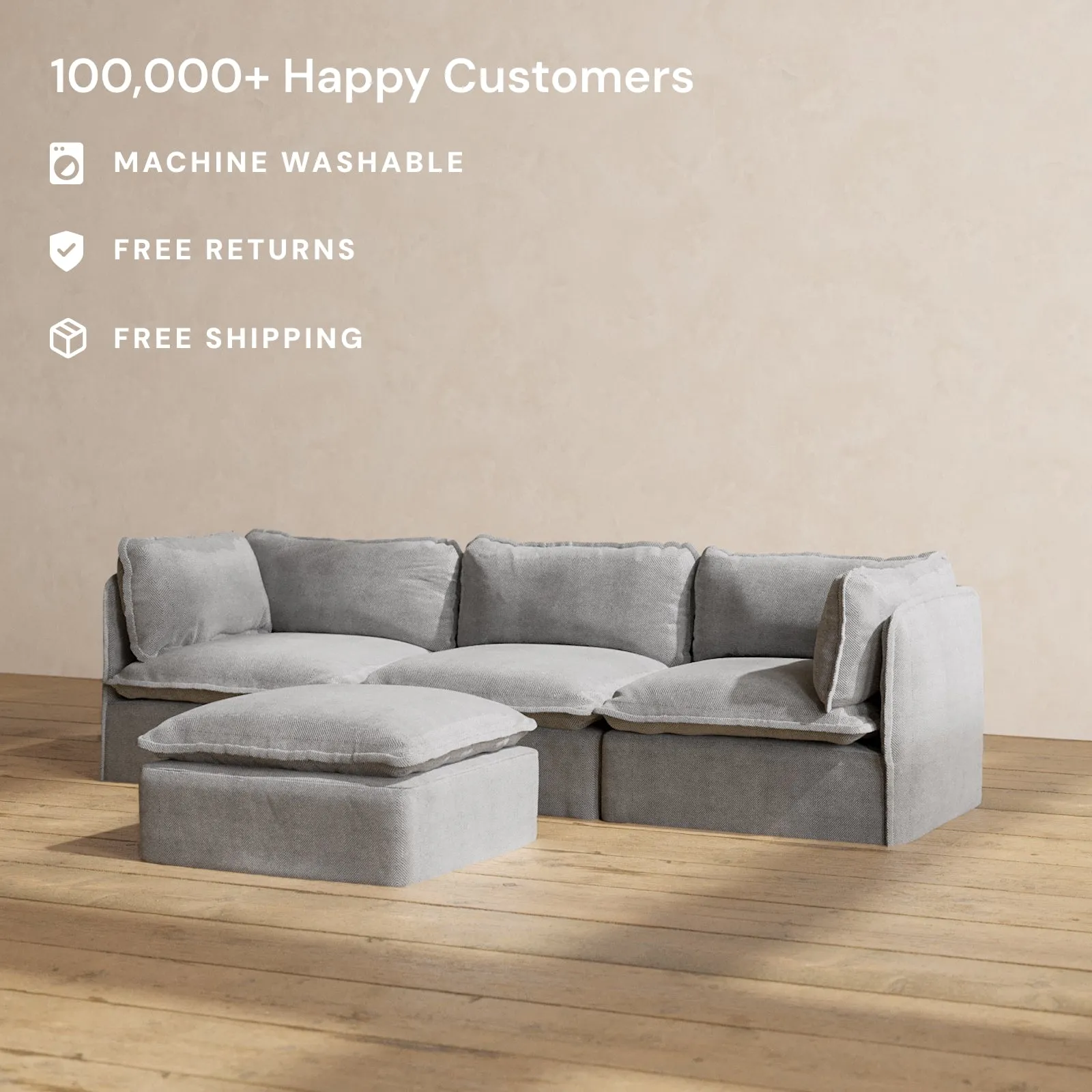 Modular Washable 3-Seater   Ottoman in Ash | Memorix  Seat | Contour Pillow