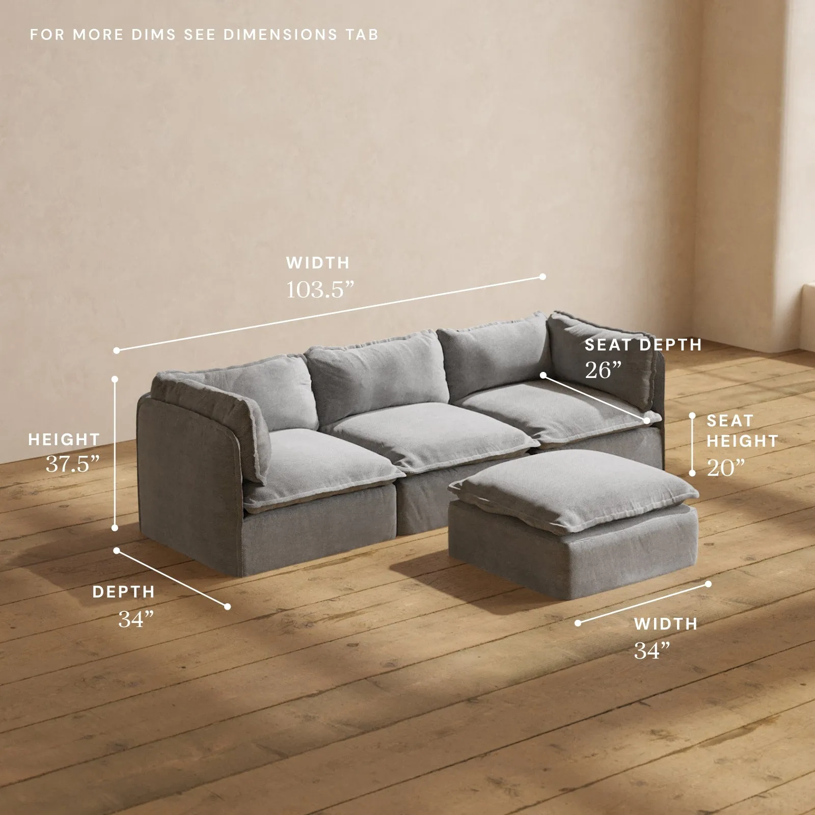 Modular Washable 3-Seater   Ottoman in Ash | Memorix  Seat | Contour Pillow
