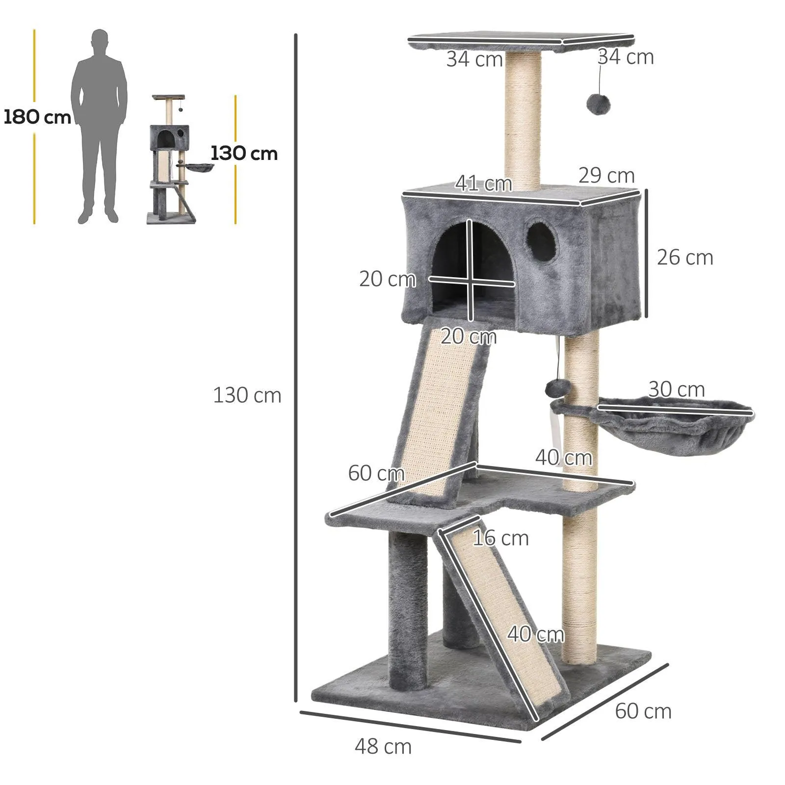 Multi-Activity Cat Tower, 130cm - Grey