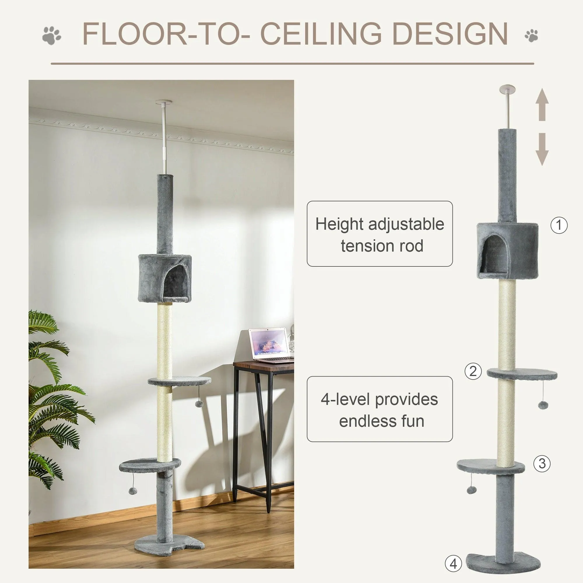 Multi-Layer Cat Tree Tower, 217cm - Light Grey