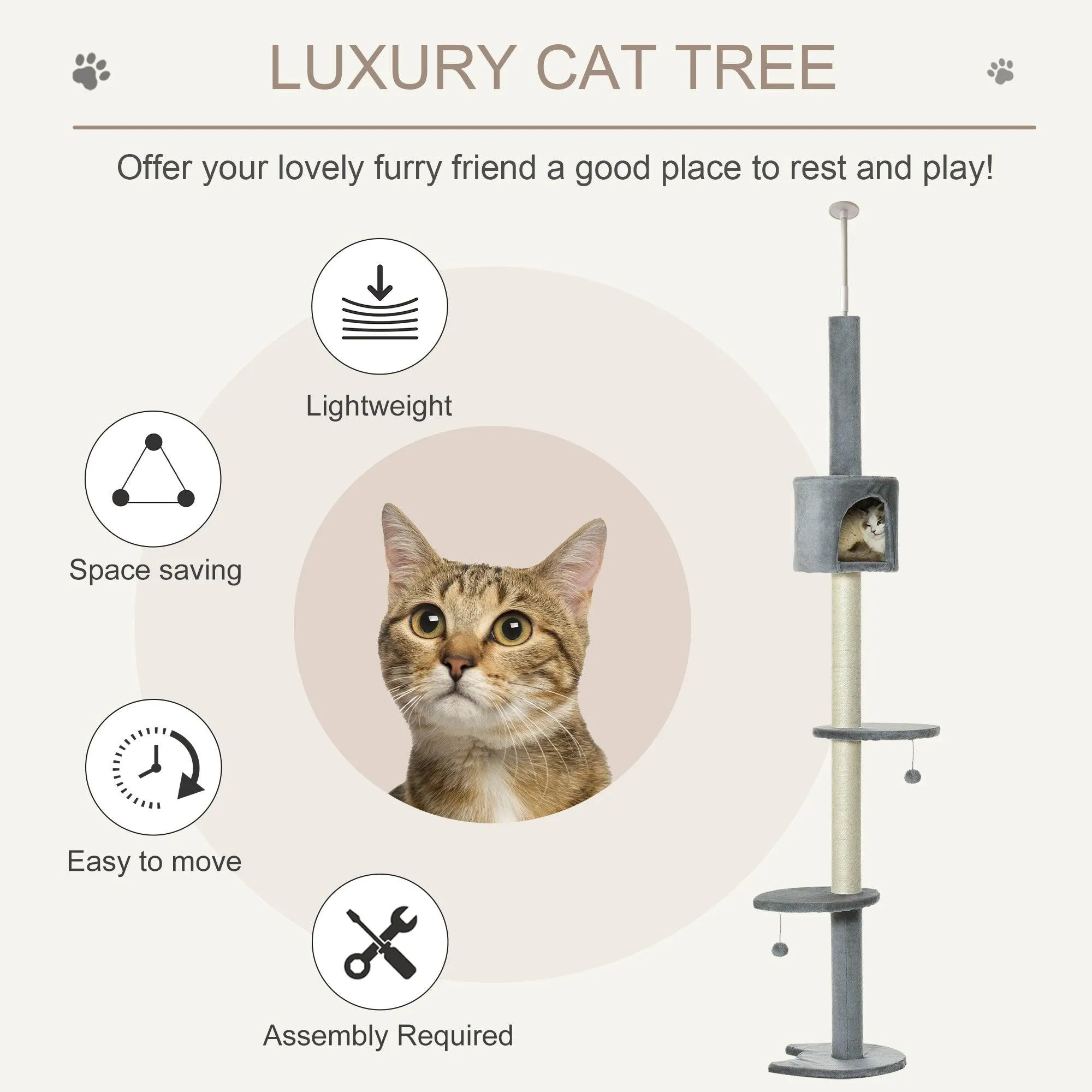 Multi-Layer Cat Tree Tower, 217cm - Light Grey