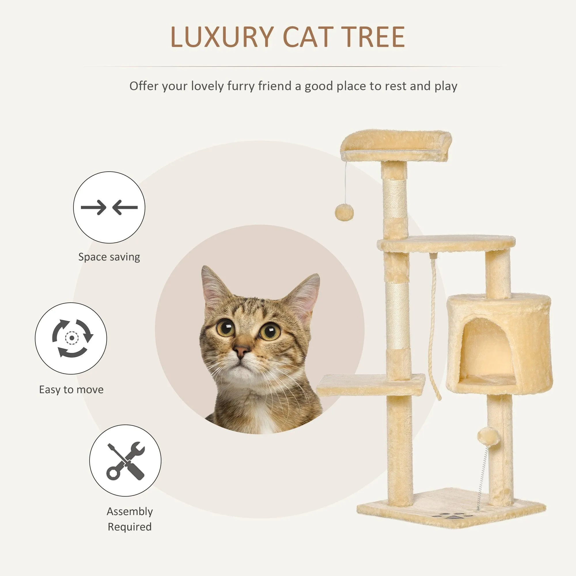 Multi-Level Cat Tree House, 114cm - Beige