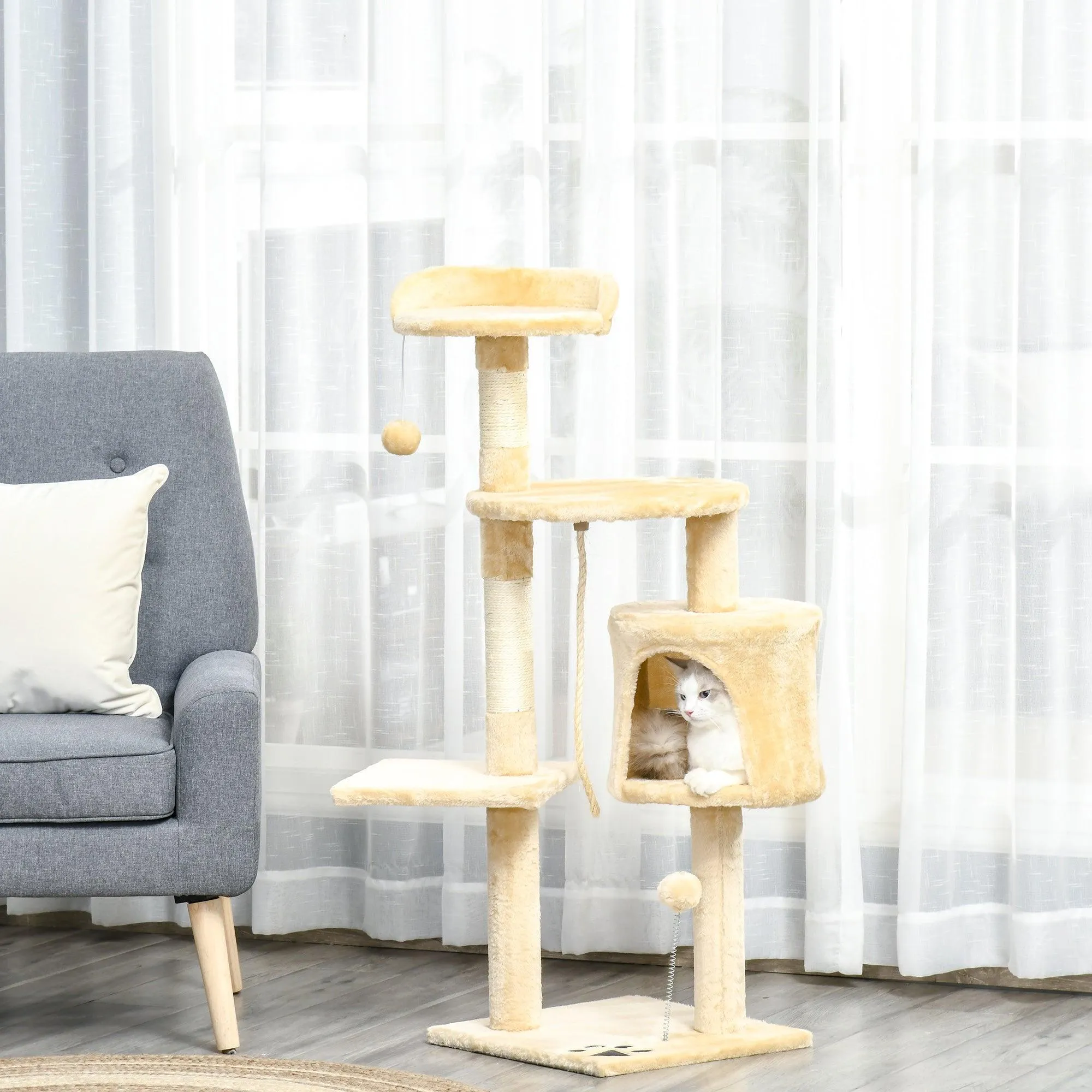 Multi-Level Cat Tree House, 114cm - Beige