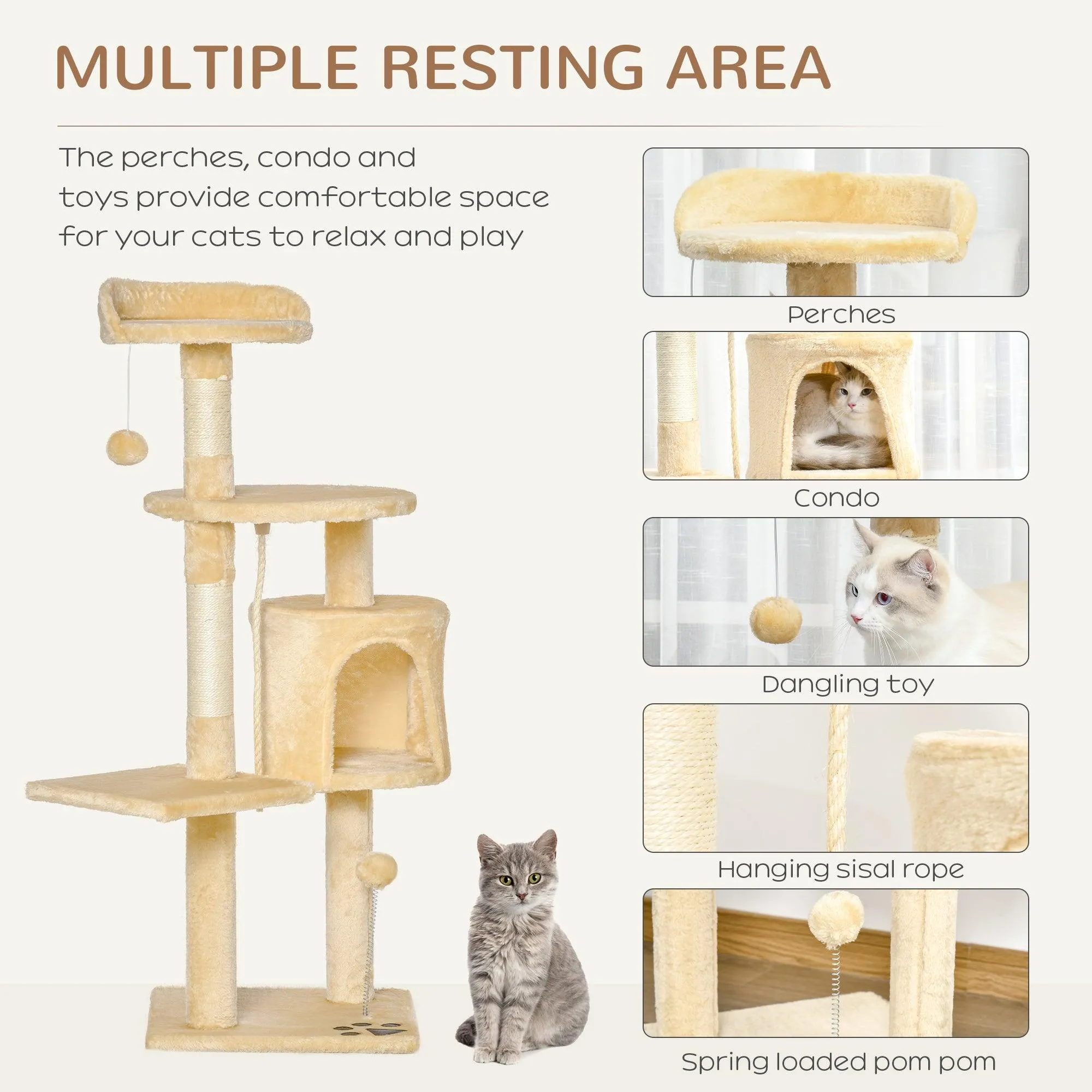 Multi-Level Cat Tree House, 114cm - Beige