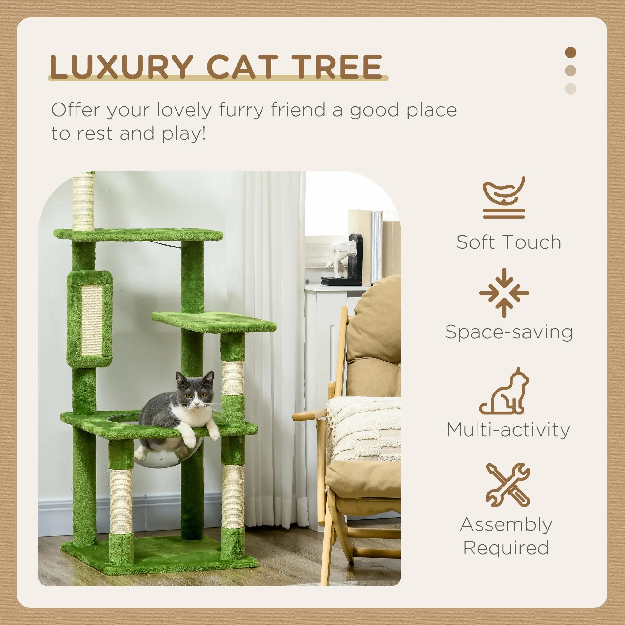 Multi-level Cat Tree Tower with Platforms, 142cm - Green