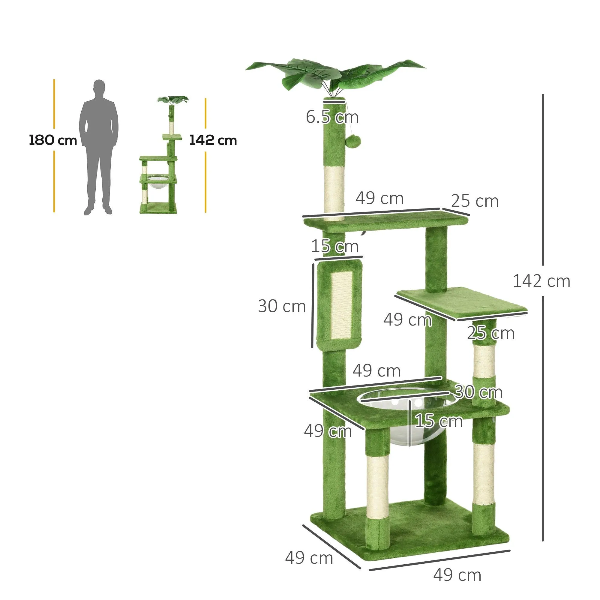 Multi-level Cat Tree Tower with Platforms, 142cm - Green