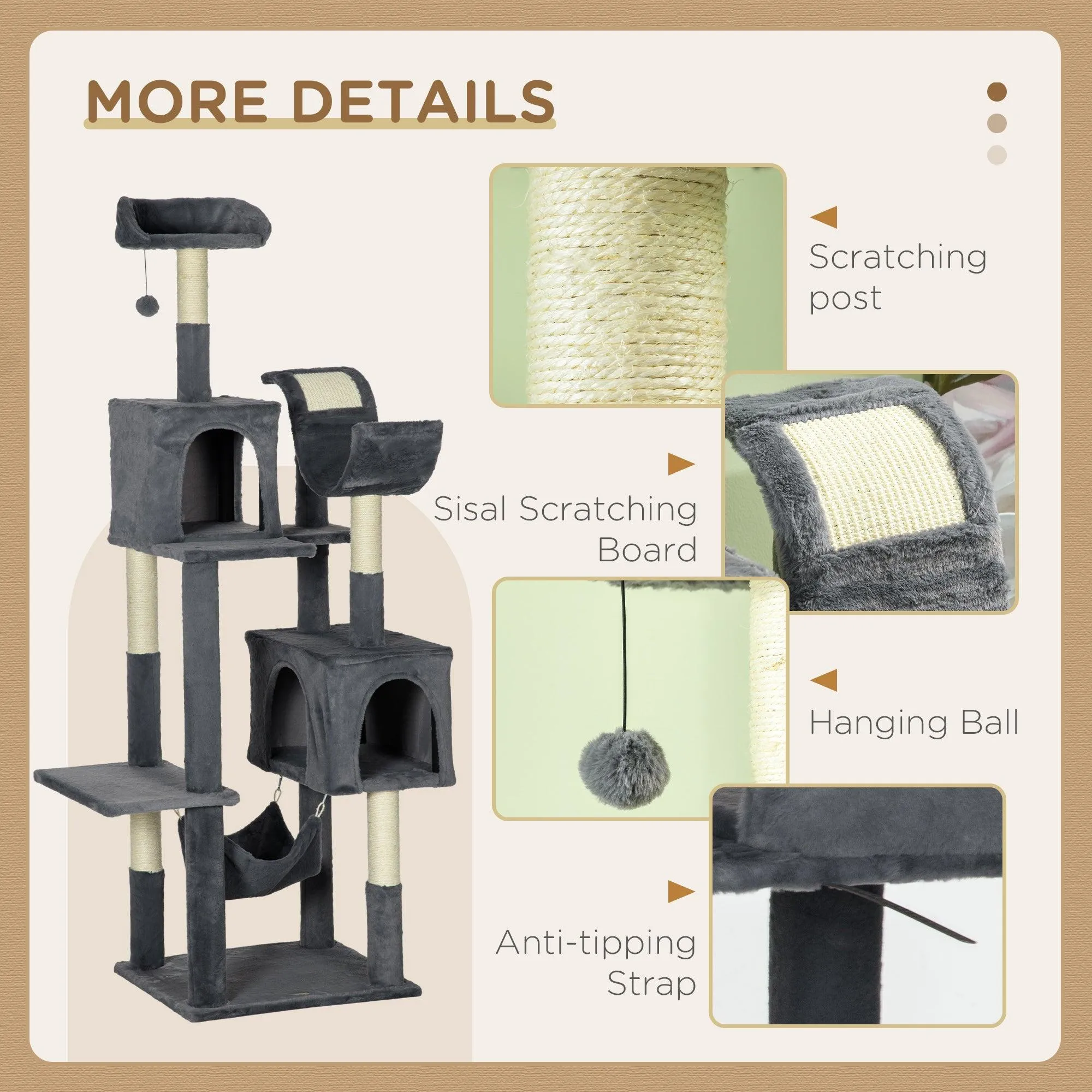 Multi-level Cat Tree with Condos, Toy Ball, 177cm - Dark Grey