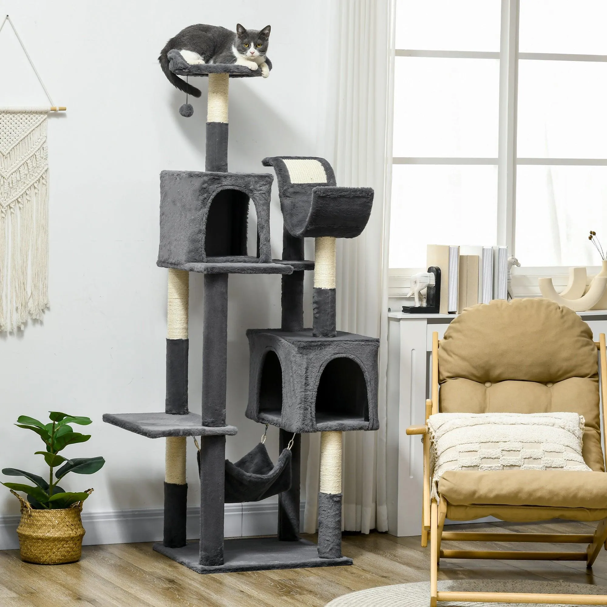 Multi-level Cat Tree with Condos, Toy Ball, 177cm - Dark Grey