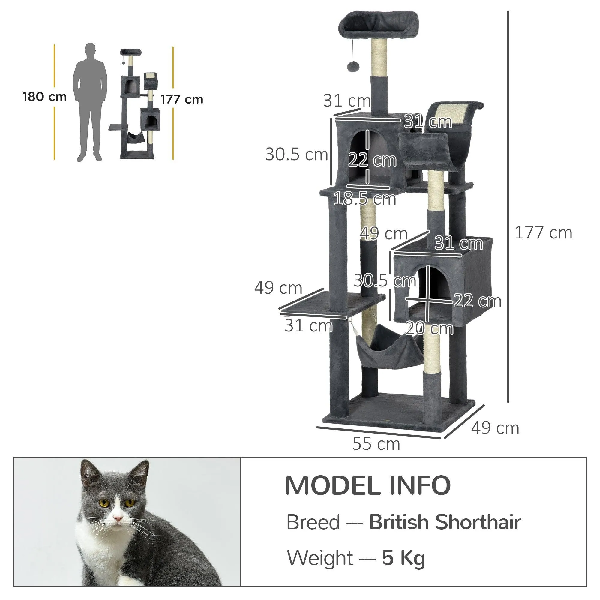 Multi-level Cat Tree with Condos, Toy Ball, 177cm - Dark Grey