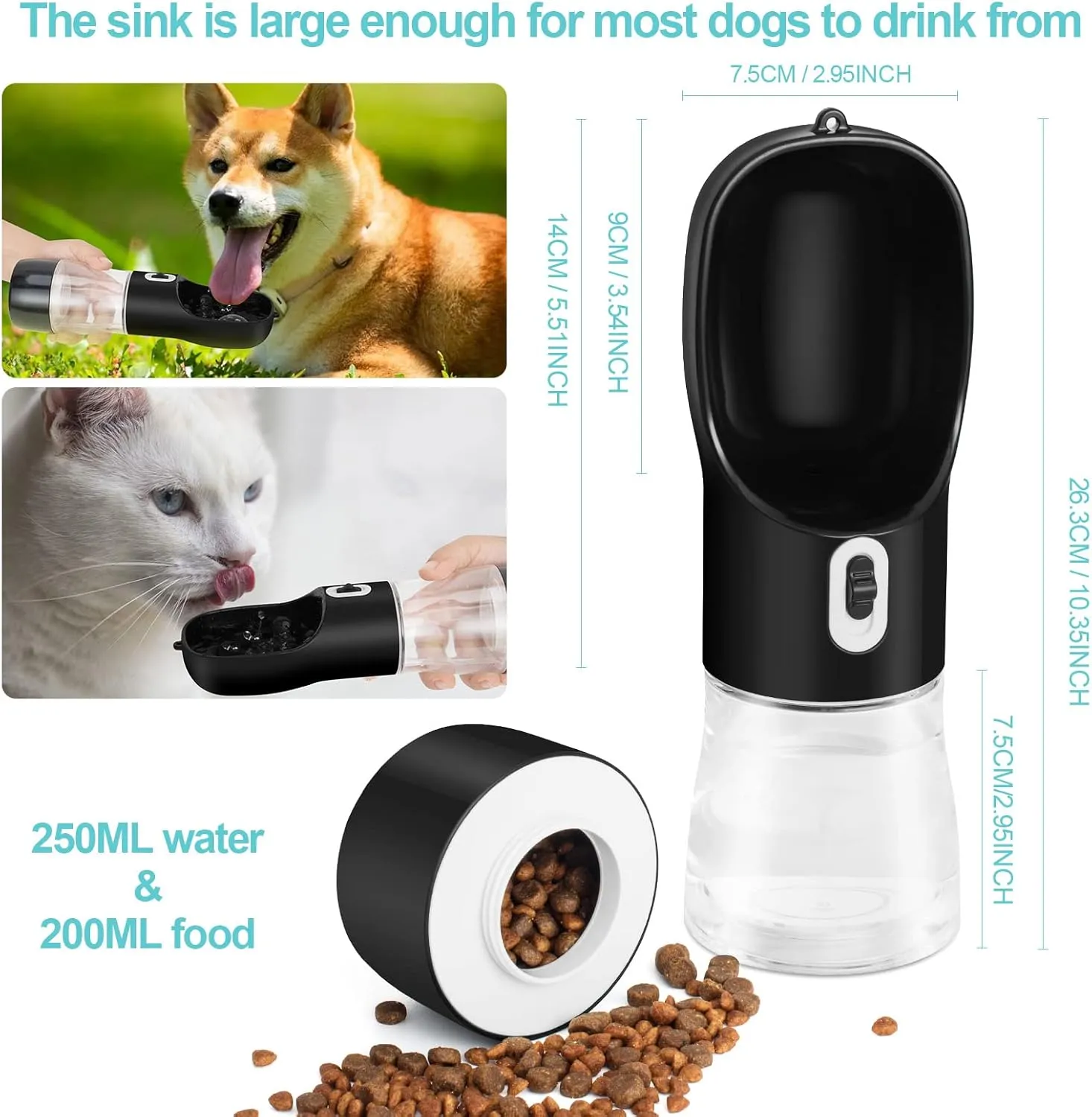 Outdoor Dog Water Bottle Dispenser - Leak Proof Water Bottle for Dogs On The Go with Food Container Multifunctional Travel Dog Water BottleBlack