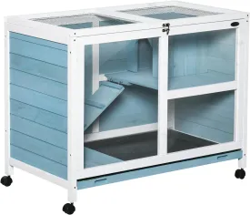 PawHut Rabbit Hutch with Wheels, Desk and Side Table Sized, Wooden Rabbit Cage, Waterproof Small Bunny Cage with Removable Tray, Openable Roof, for Indoor & Outdoor, Light Blue