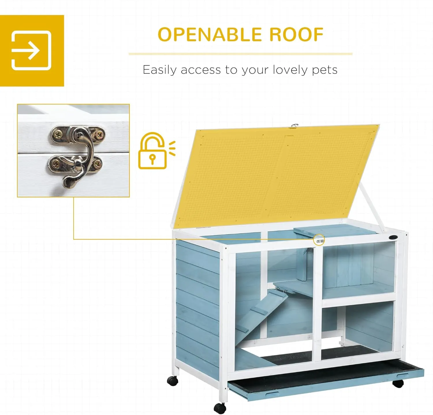 PawHut Rabbit Hutch with Wheels, Desk and Side Table Sized, Wooden Rabbit Cage, Waterproof Small Bunny Cage with Removable Tray, Openable Roof, for Indoor & Outdoor, Light Blue