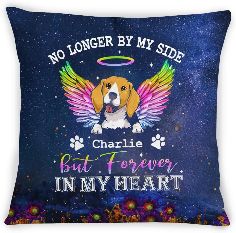 Personalized Memorial Pet Square Pillow for Pet Owners Pet Lovers Colorful Dog Breed with Angel Wings Flower in Dark Custom Name Pet Loss Gifts Ideas Sofa Couch Cushion On Anniversary
