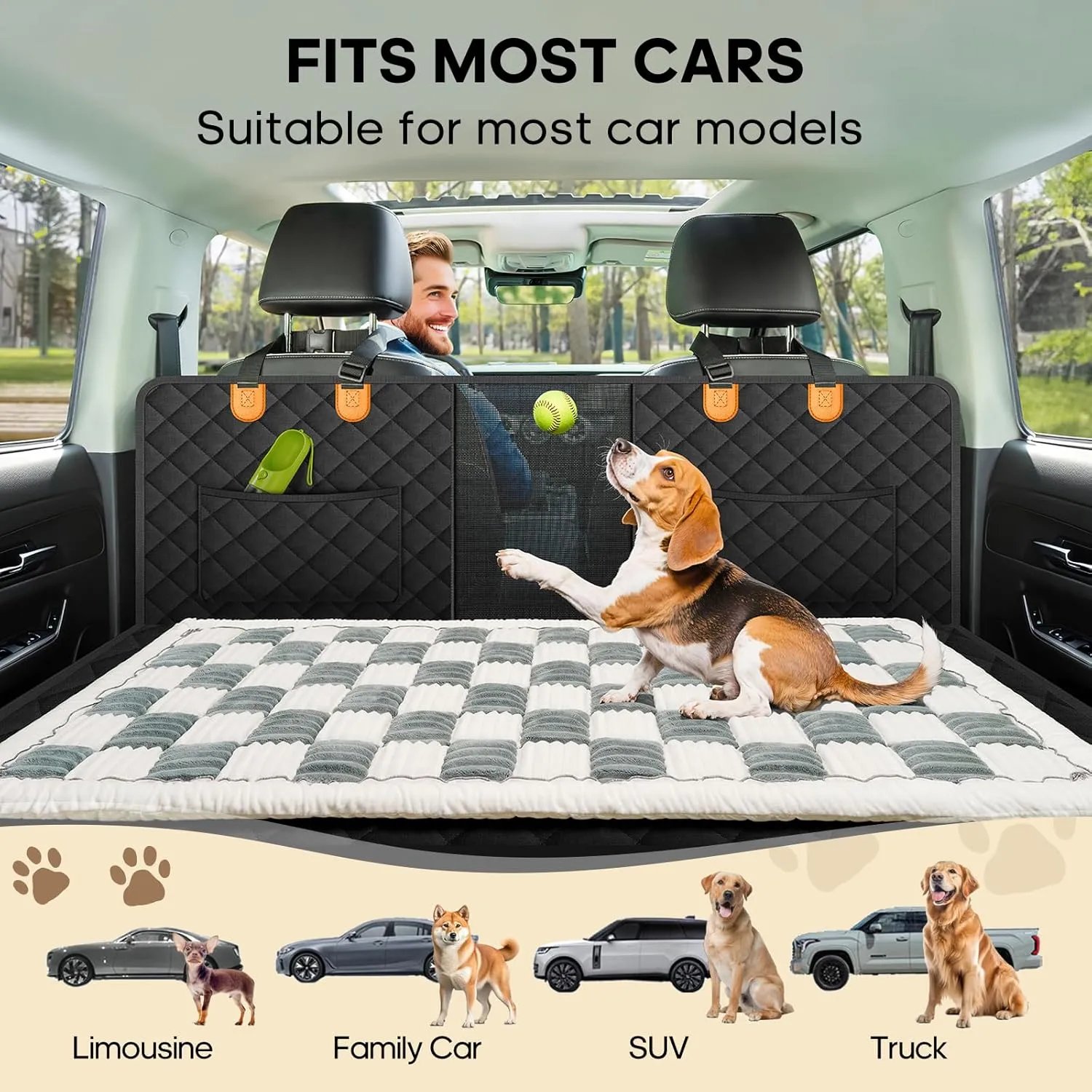Pet Bed Mat for Car Backseat Extender, Non-Slip Plaid Dog Bed for Car Back Seat, Flannel Backseat Dog Bed for Cars Trucks and SUVs (Bluegrey&White, 24.8x54 inch)