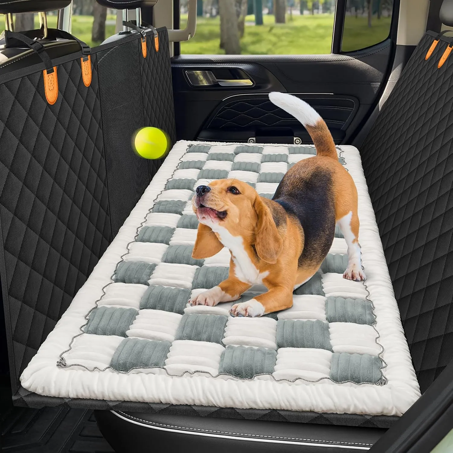 Pet Bed Mat for Car Backseat Extender, Non-Slip Plaid Dog Bed for Car Back Seat, Flannel Backseat Dog Bed for Cars Trucks and SUVs (Bluegrey&White, 24.8x54 inch)