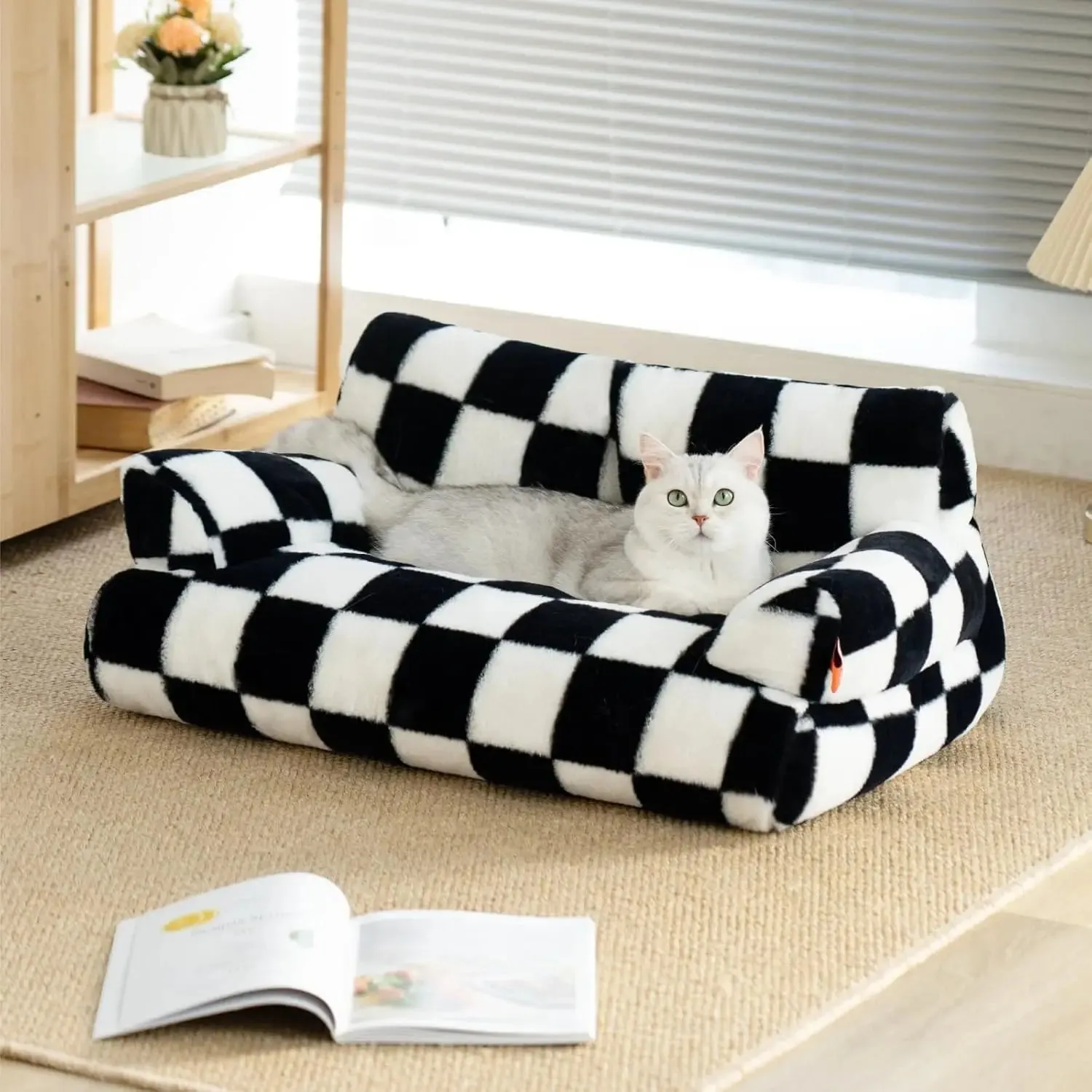 Pet Couch Bed 26×19×13 Inch Washable Cat Beds for Medium Small Dogs Cat up to 25 lbs Fluffy Cat Couch Black White