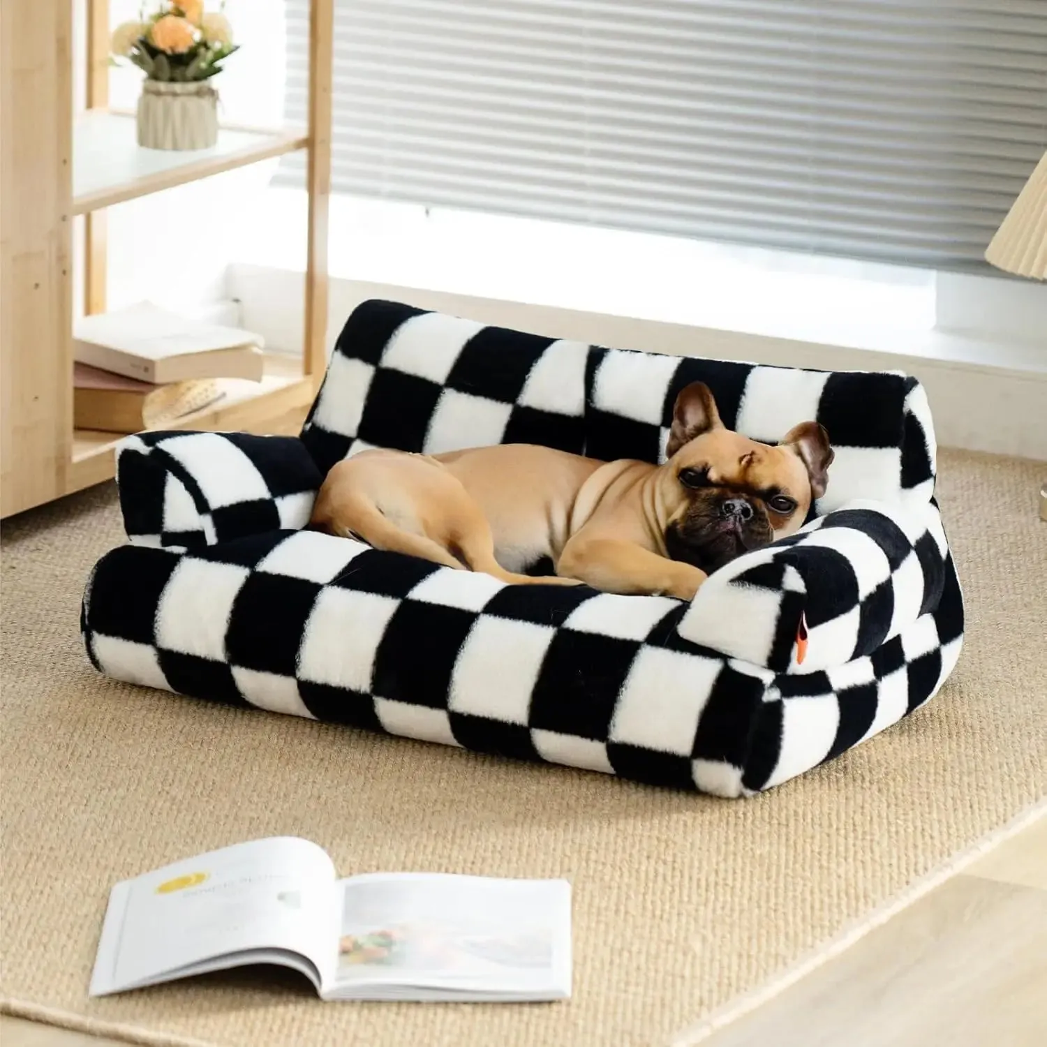 Pet Couch Bed 26×19×13 Inch Washable Cat Beds for Medium Small Dogs Cat up to 25 lbs Fluffy Cat Couch Black White