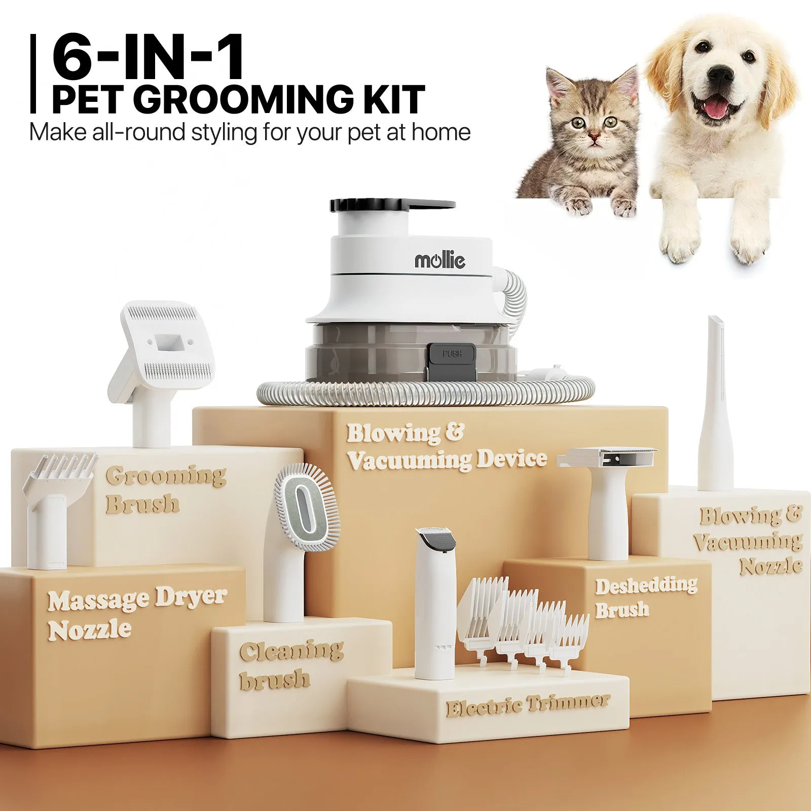 Pet Grooming Vacuum Kit - Blow & Vacuum - 300W, 3 Gear Speed, 6 Nozzles, 4L Dust Cup