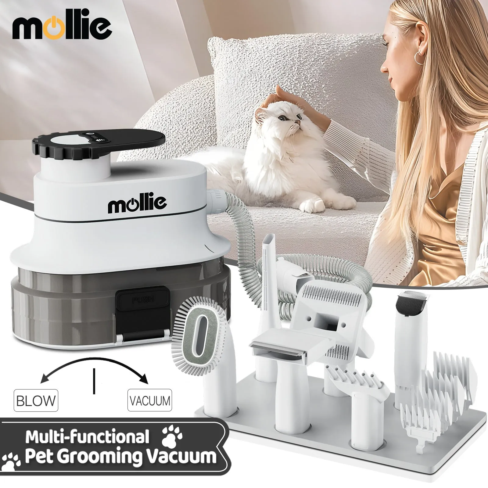 Pet Grooming Vacuum Kit - Blow & Vacuum - 300W, 3 Gear Speed, 6 Nozzles, 4L Dust Cup