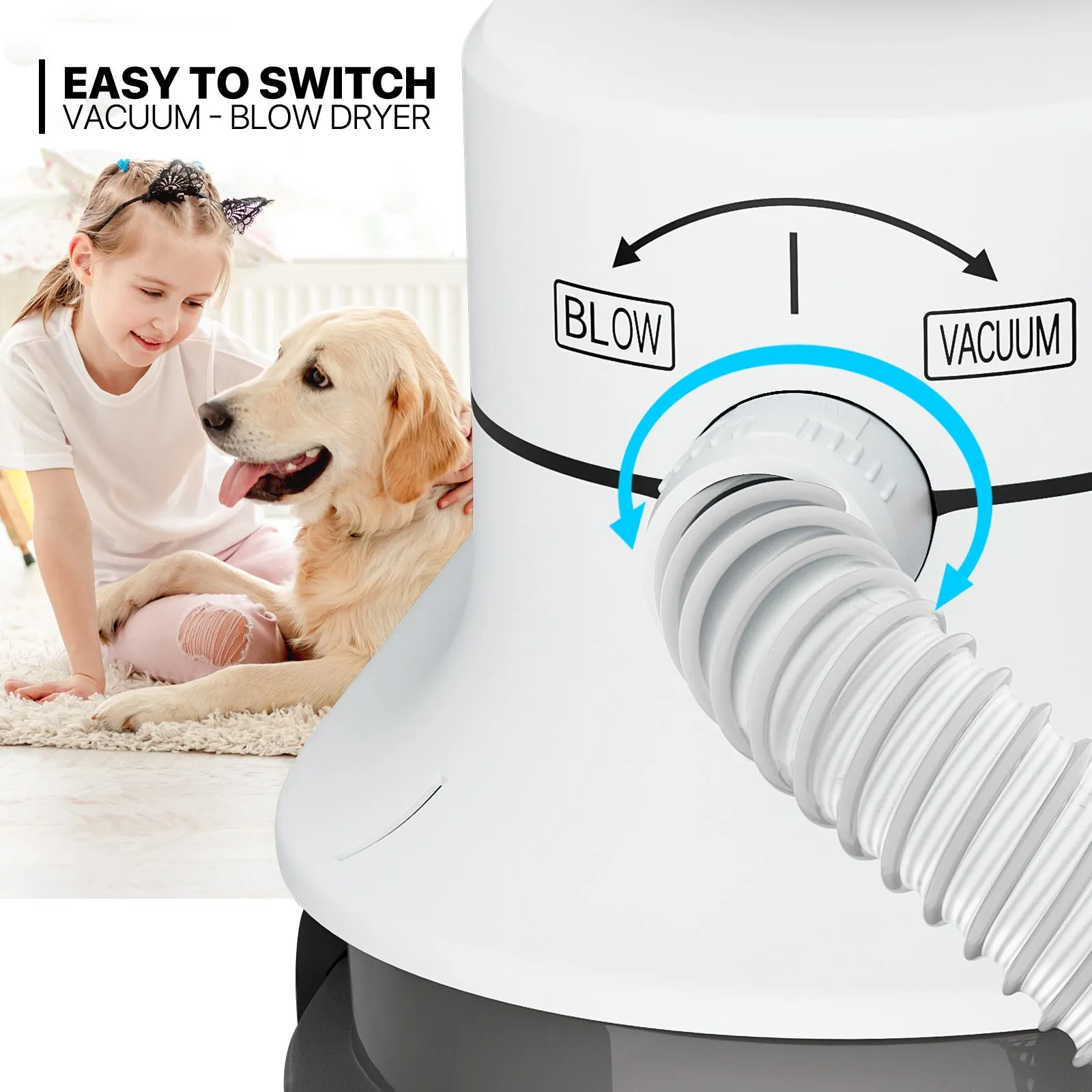 Pet Grooming Vacuum Kit - Blow & Vacuum - 300W, 3 Gear Speed, 6 Nozzles, 4L Dust Cup