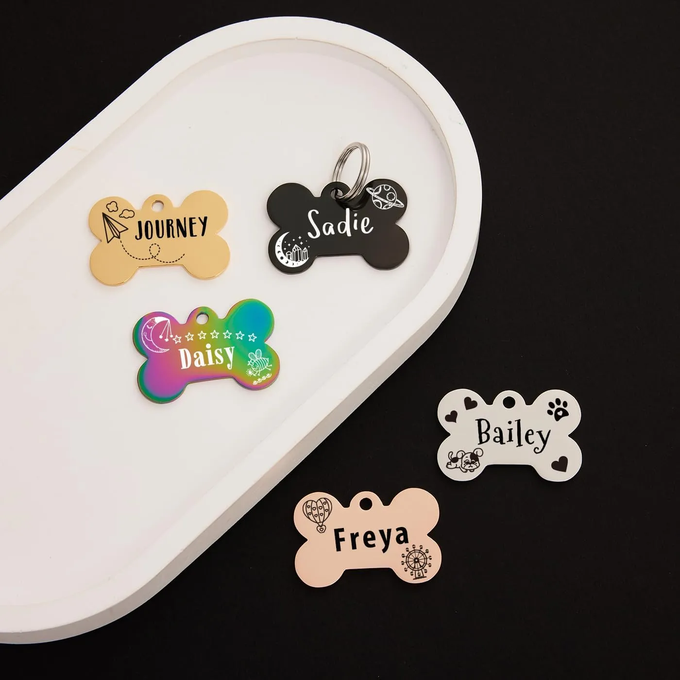 Pet Name Tags,Stainless Steel Custom Carved Dog tag, Cute Double-Sided Engraved cat Tags, Personalized ID Tags,Cat and Dog Collar with Name tag (Bone-Rose Gold, Large)