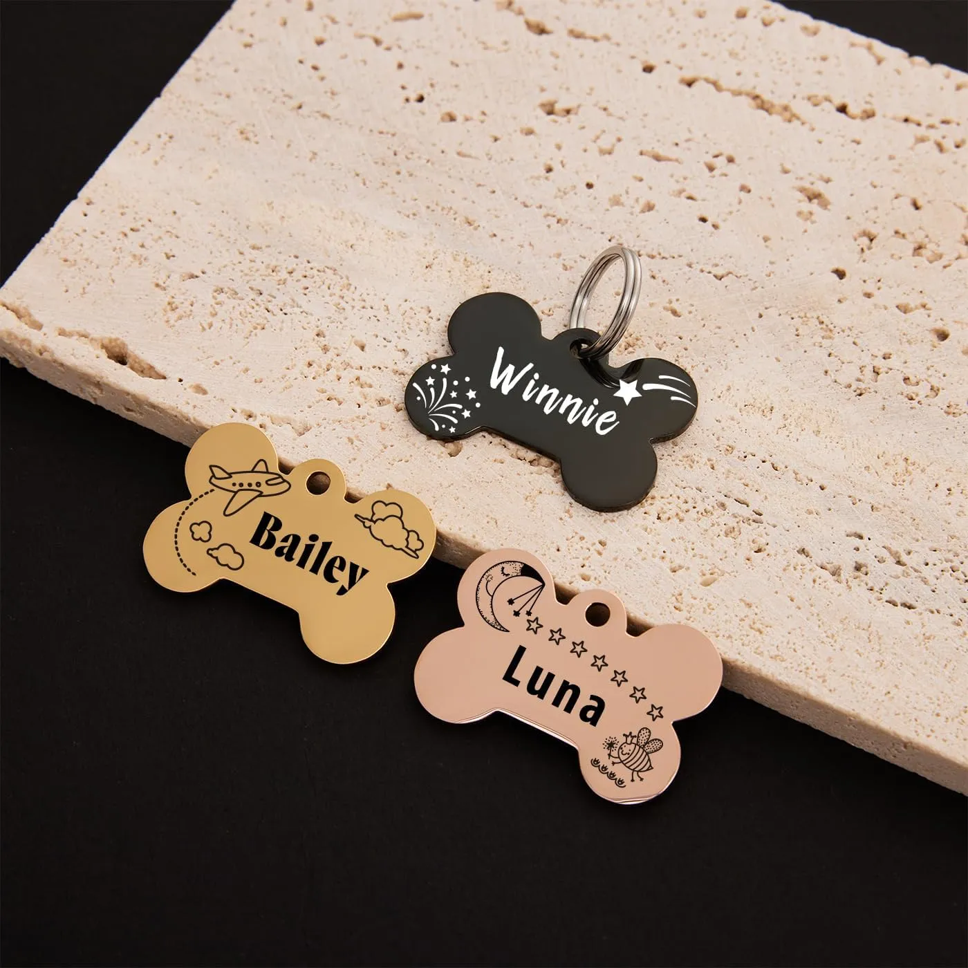 Pet Name Tags,Stainless Steel Custom Carved Dog tag, Cute Double-Sided Engraved cat Tags, Personalized ID Tags,Cat and Dog Collar with Name tag (Bone-Rose Gold, Large)