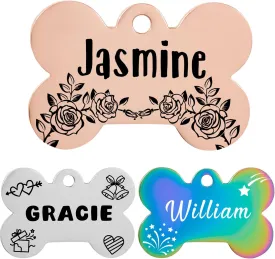 Pet Name Tags,Stainless Steel Custom Carved Dog tag, Cute Double-Sided Engraved cat Tags, Personalized ID Tags,Cat and Dog Collar with Name tag (Bone-Rose Gold, Large)
