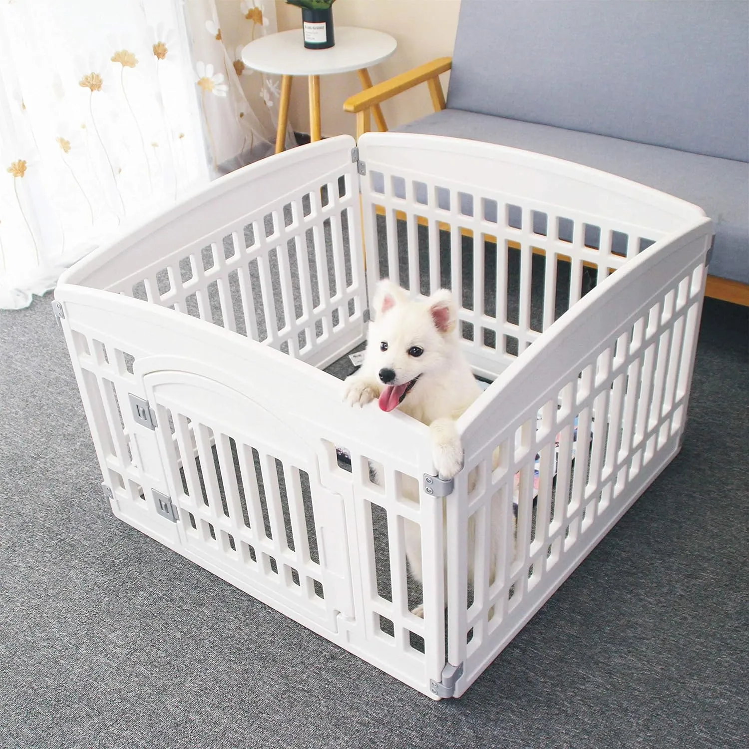 Pet Playpen Gate for Dogs Heavy Plastic Puppy Exercise Pen Small Pets Fence Puppies Folding Cage 4 Panels for Puppies and Small Dogs House White (33.5x33.5 Inches)