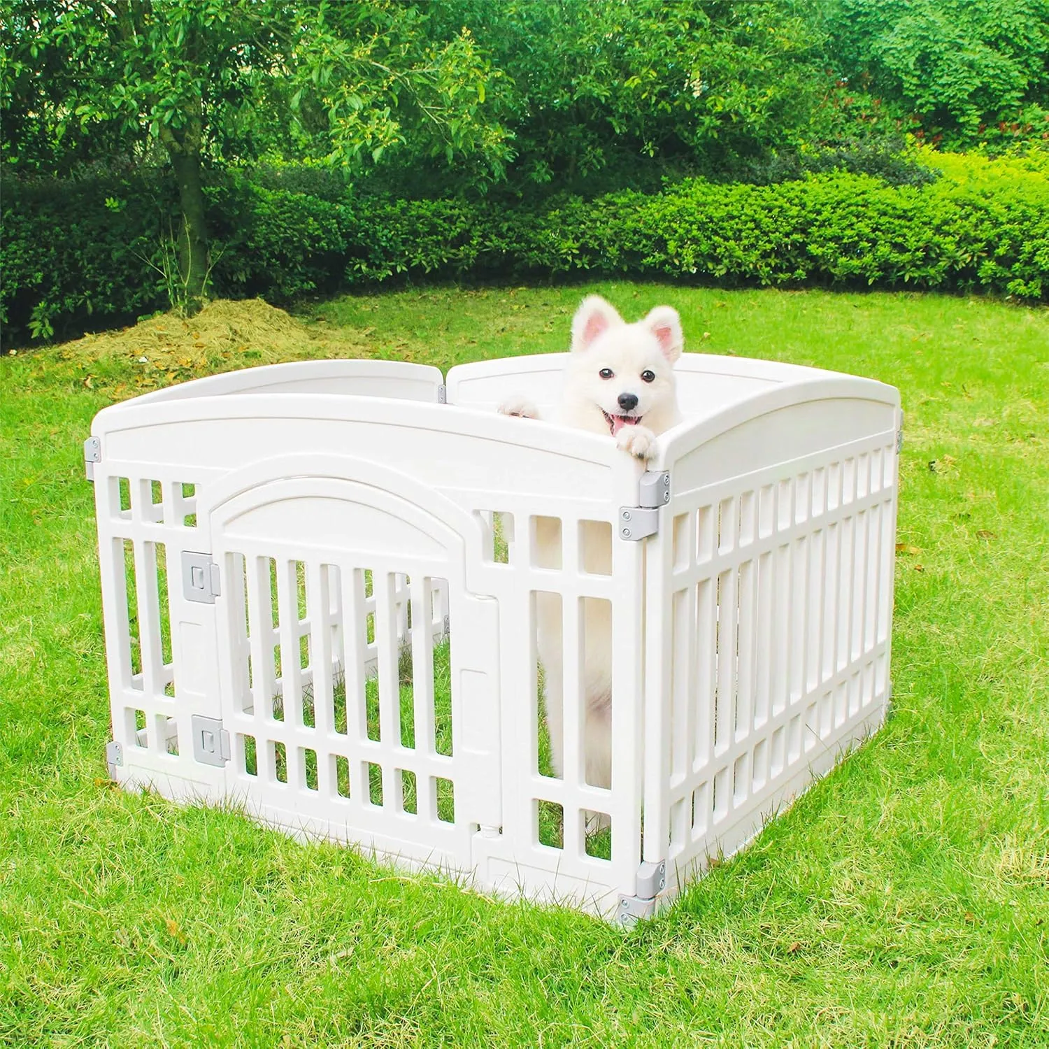 Pet Playpen Gate for Dogs Heavy Plastic Puppy Exercise Pen Small Pets Fence Puppies Folding Cage 4 Panels for Puppies and Small Dogs House White (33.5x33.5 Inches)