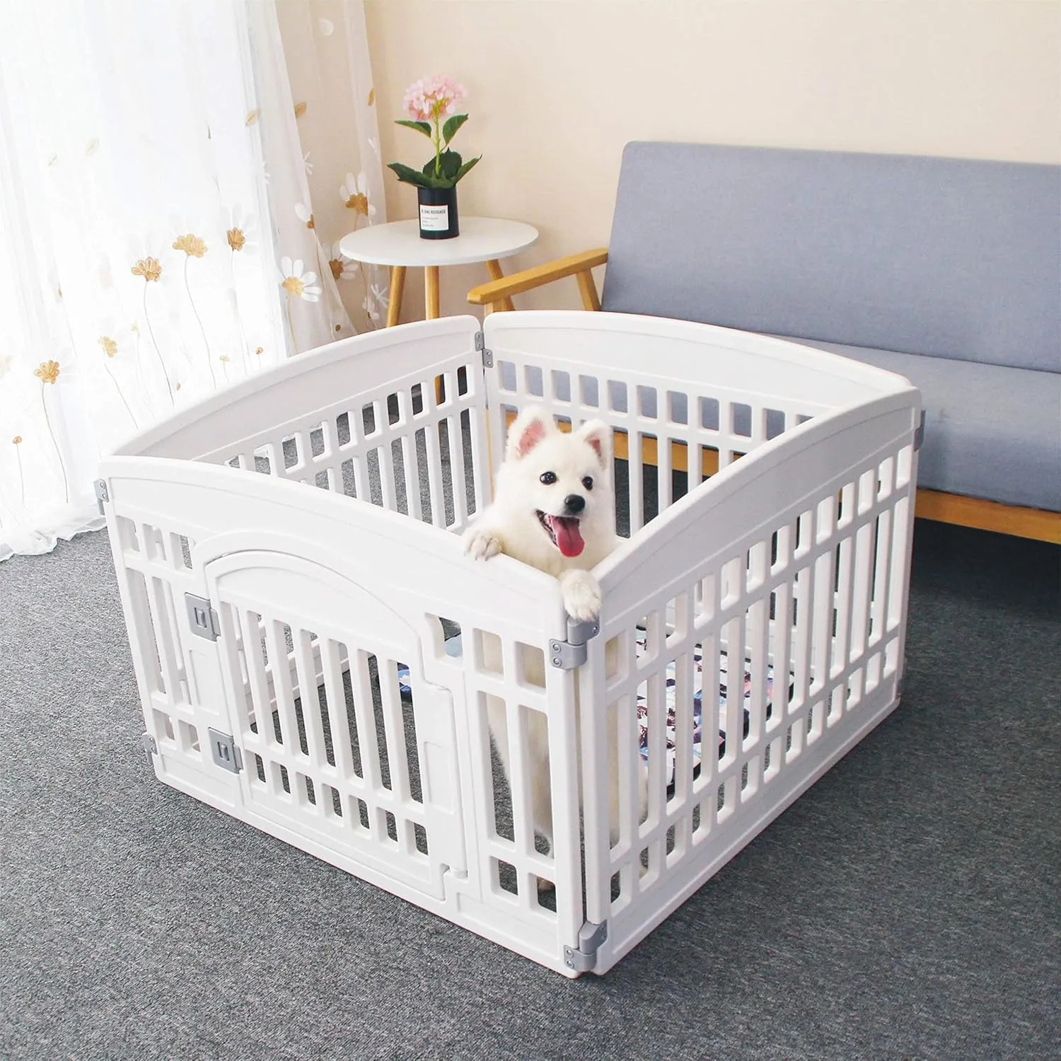 Pet Playpen Gate for Dogs Heavy Plastic Puppy Exercise Pen Small Pets Fence Puppies Folding Cage 4 Panels for Puppies and Small Dogs House White (33.5x33.5 Inches)