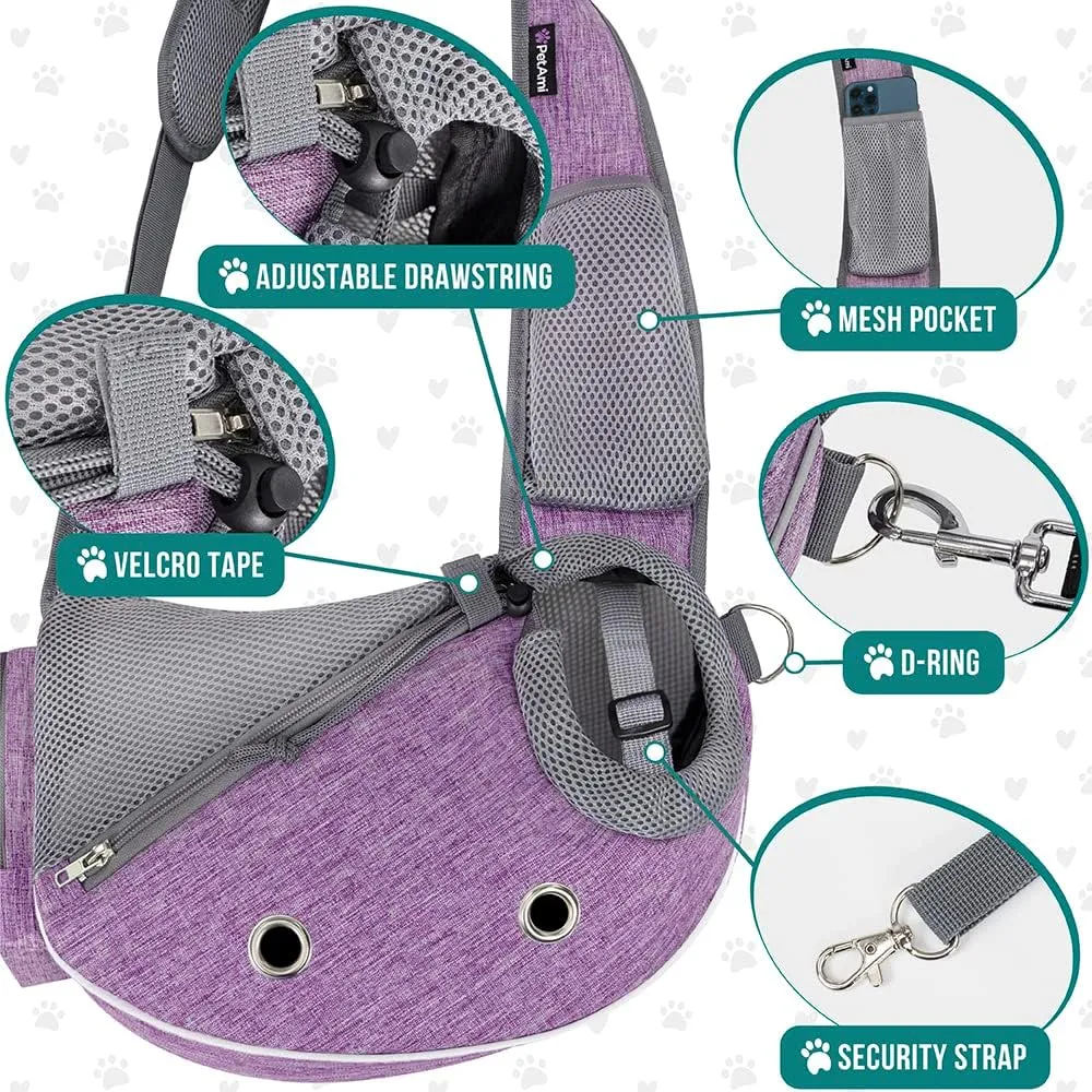 PetAmi Dog Sling Carrier for Small Dogs, Puppy Carrier Sling Purse, Dog Bags For Traveling, Carrying Bag to Wear Medium Cat, Adjustable Crossbody Pet Sling Travel Poop Bag Dispenser, Max 5 lbs, Purple