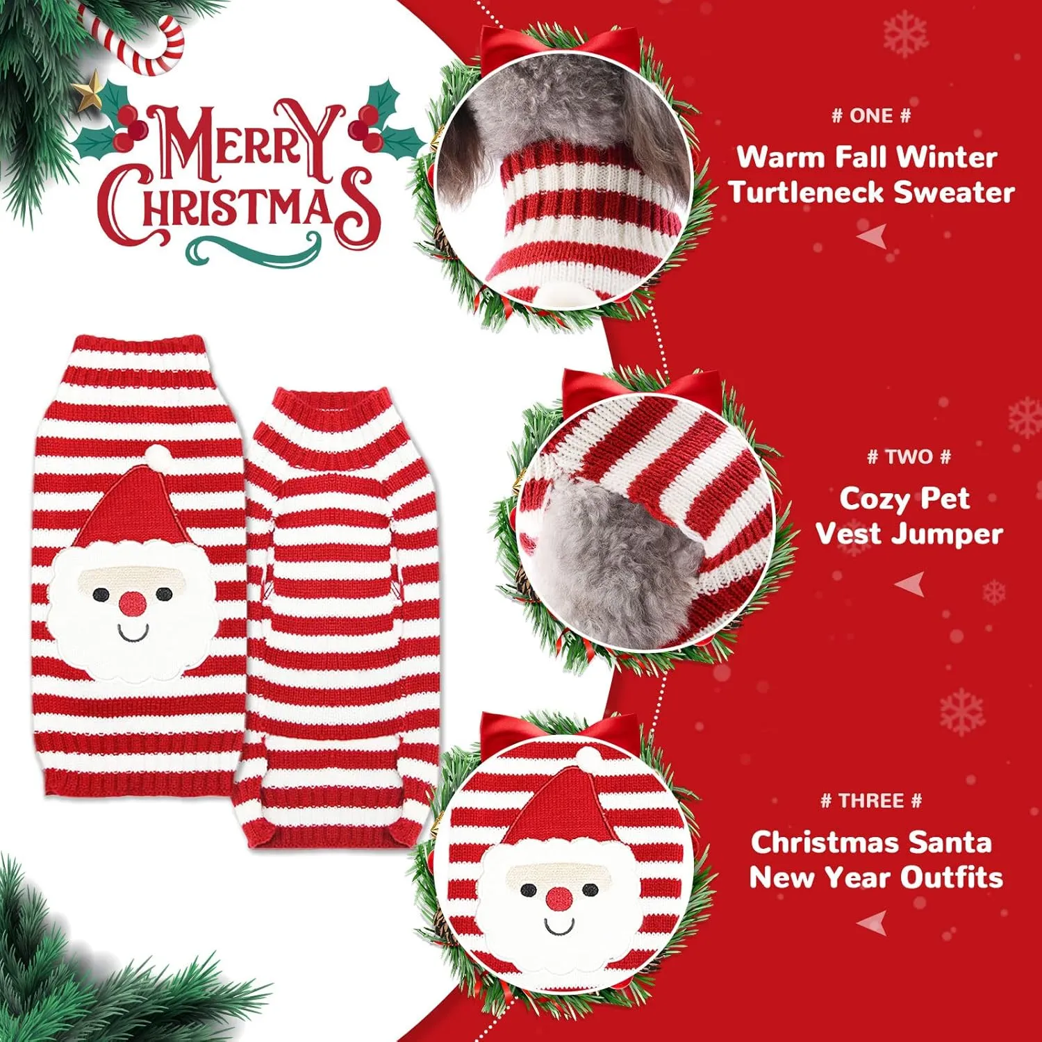 PETCARE Santa Funny Cute Red Striped Cat & Dog Sweater Vest - Small to XX-Large, Perfect for Fall, Winter & Xmas