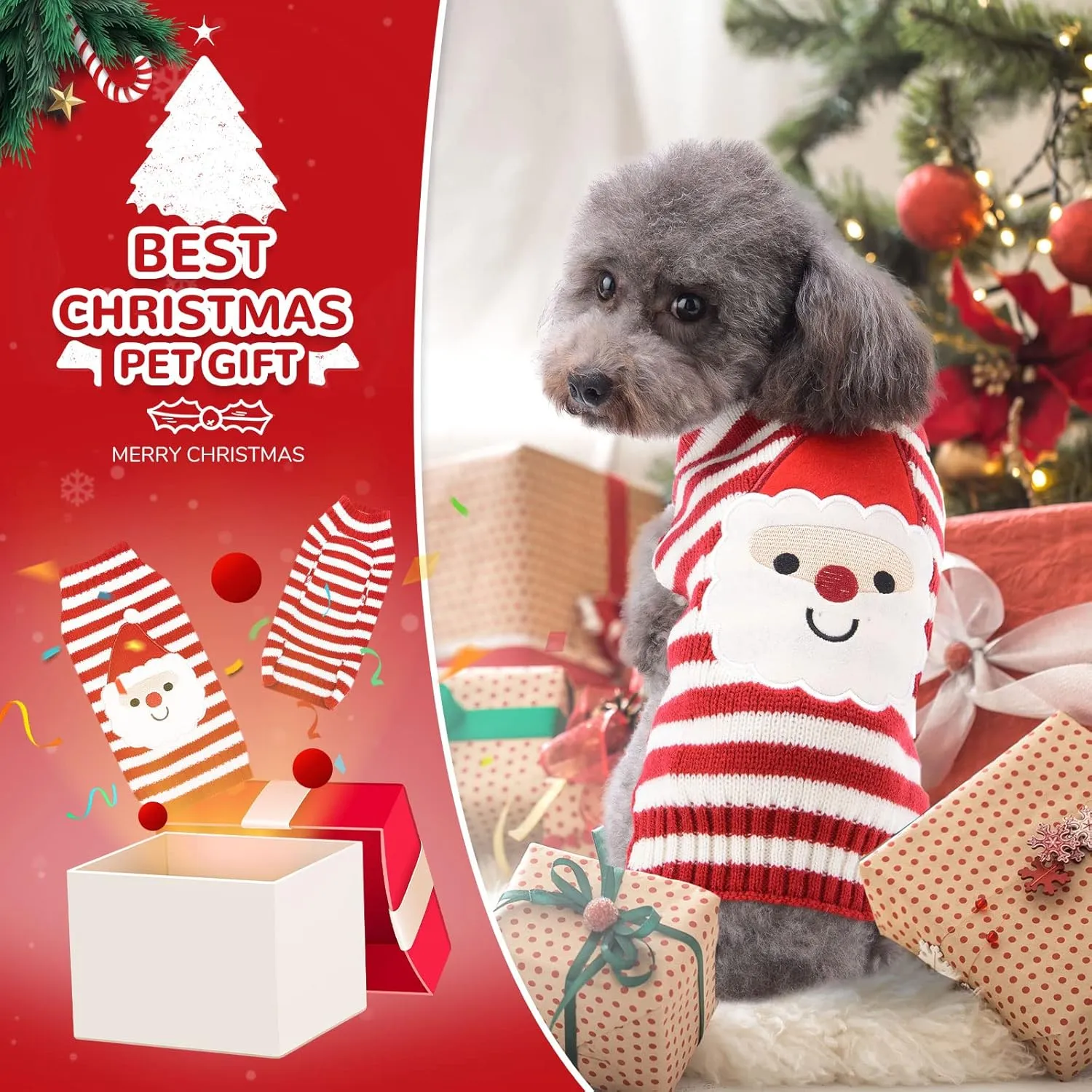 PETCARE Santa Funny Cute Red Striped Cat & Dog Sweater Vest - Small to XX-Large, Perfect for Fall, Winter & Xmas