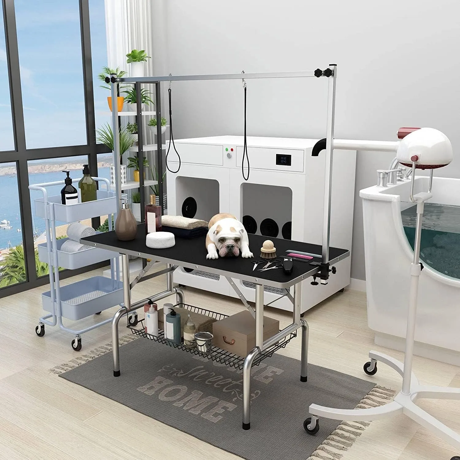 Professional Adjustable Pet Grooming Table for Large Dogs - Portable Trimming and Drying Table with Arm, Noose, and Mesh Tray - Supports Up to 330LB