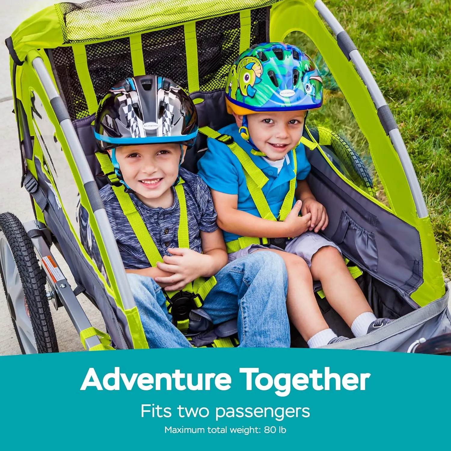 Quick-N-EZ Double Tow Behind Bike Trailer for Toddlers, Kids, Converts to Stroller, Jogger, 2-in-1 Canopy, Universal Bicycle Coupler, Folding Frame, Multiple Colors