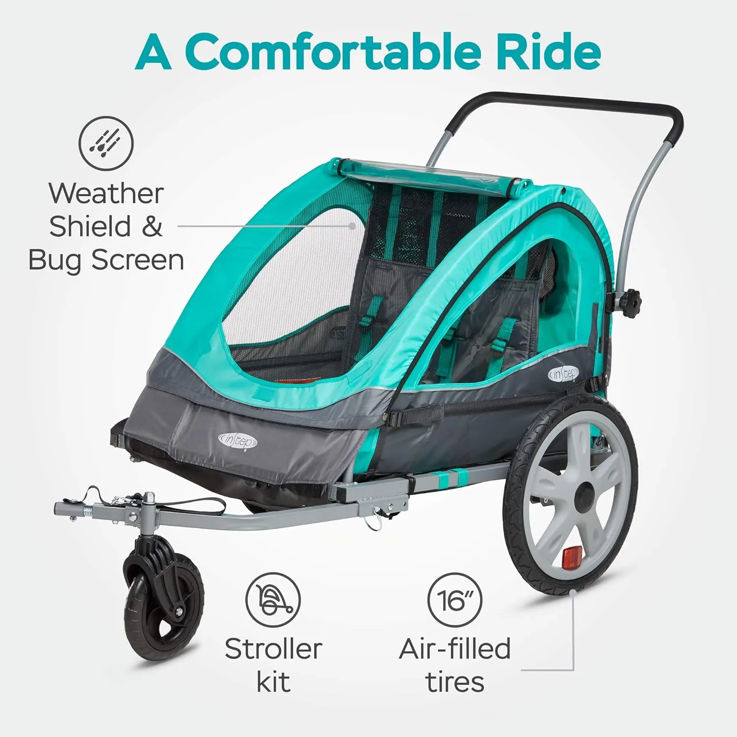 Quick-N-EZ Double Tow Behind Bike Trailer for Toddlers, Kids, Converts to Stroller, Jogger, 2-in-1 Canopy, Universal Bicycle Coupler, Folding Frame, Multiple Colors