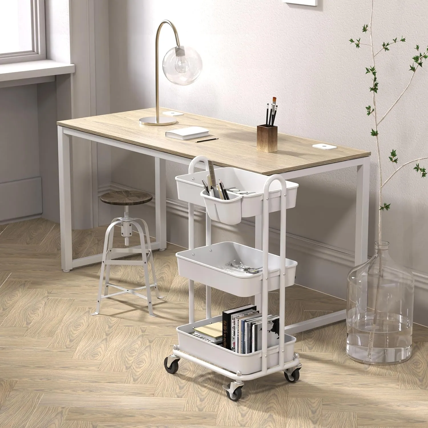 Simple Houseware 3-Tier Multifunctional Rolling Utility Cart with Hanging Bucket, White