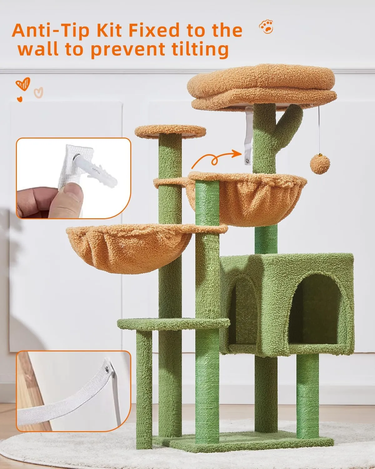 Taoqimiao Cat Tree, 39.4-Inch Cat Tower for Indoor Cats,Suitable for Kittens,Plush Cat Condo with 5 Scratching Posts, Plush Perch,2 Hammock,Pompoms, MS019T Cactus