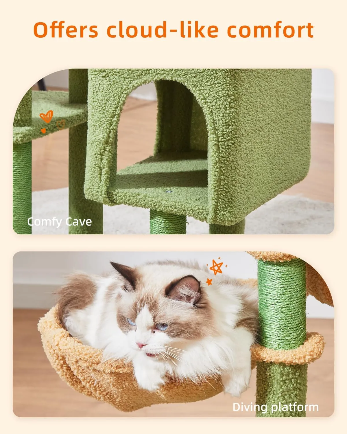 Taoqimiao Cat Tree, 39.4-Inch Cat Tower for Indoor Cats,Suitable for Kittens,Plush Cat Condo with 5 Scratching Posts, Plush Perch,2 Hammock,Pompoms, MS019T Cactus